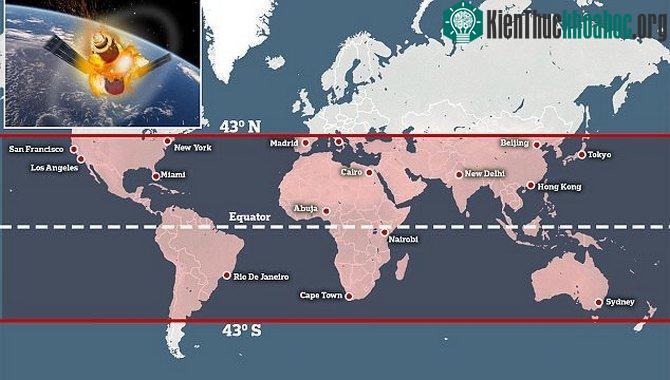 Những vùng đất nằm trong vĩ tuyến 43 độ Bắc và 43 độ Nam có nguy cơ bị những mảnh vỡ của trạm Thiên Cung 1 ghé thăm.