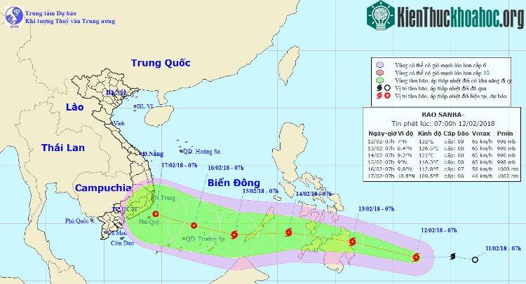 Vị trí và đường đi của bão số 2 (bão Sanba).