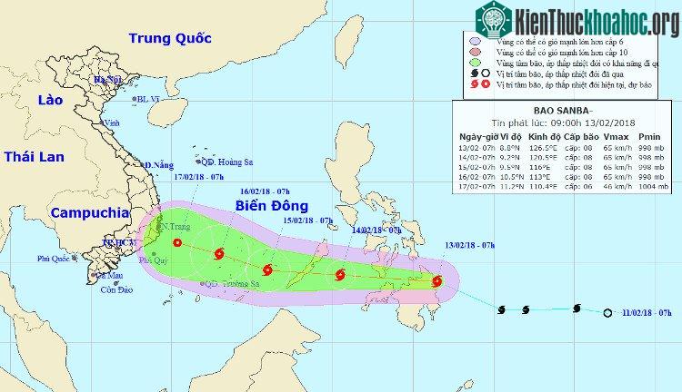 Dự báo đường đi và khu vực ảnh hưởng của bão Sanba. (Ảnh: NCHMF).