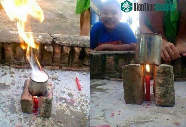 Chỉ với 2 viên gạch, một ngọn nến với chiếc ống bơ chúng ta đã có một chiếc bếp khá xịn.