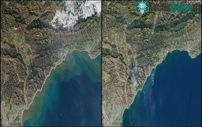 Ảnh trên là hình ảnh trước và sau thảm họa kép cháy rừng - mưa bão ở California, Mỹ.