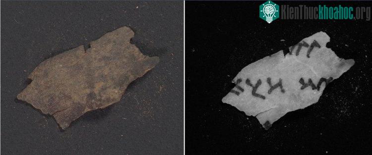 Một mảnh vụn từ cuốn Deuteronomy (bên phải) và những chữ được nhìn thấy sau khi sử dụng tia hồng ngoại.