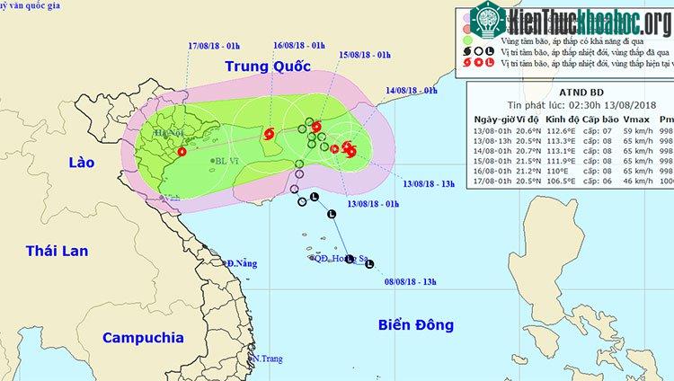 Vị trí và hướng di chuyển của áp thấp nhiệt đới.