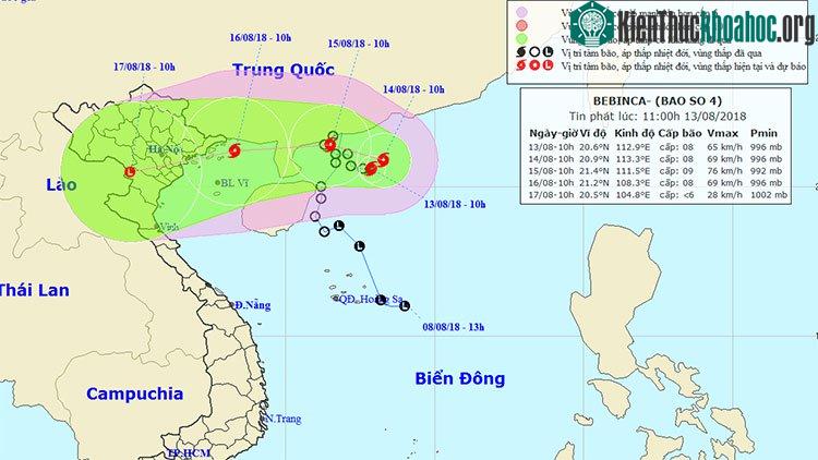 Vị trí và hướng di chuyển của bão Bebinca.