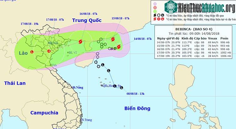 Vị trí và hướng di chuyển của bão số 4.