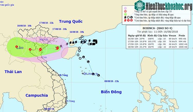 Dự báo vị trí và đường đi của bão Bebinca lúc 8h ngày 16/8. (Ảnh: NCHMF).