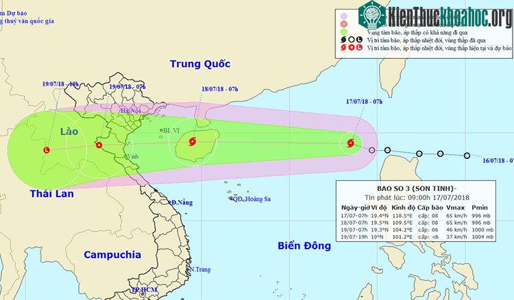 Vị trí và hướng di chuyển của bão số 3.