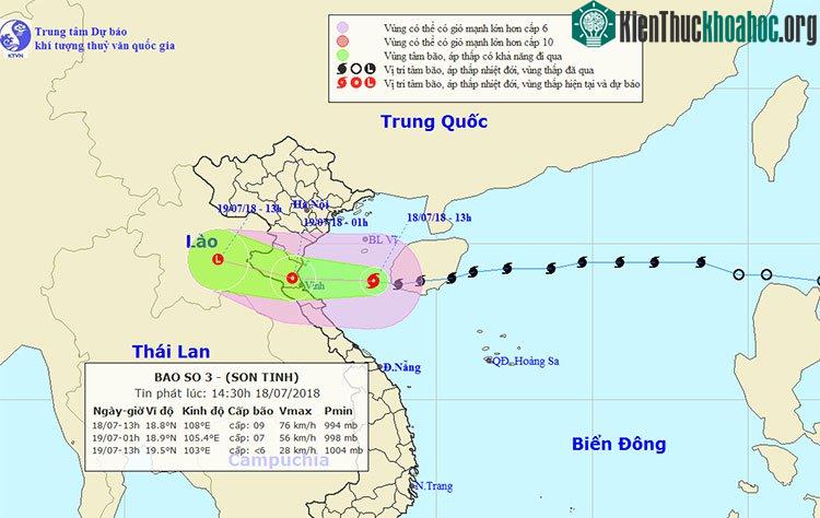 Vị trí và hướng di chuyển của bão Sơn Tinh.