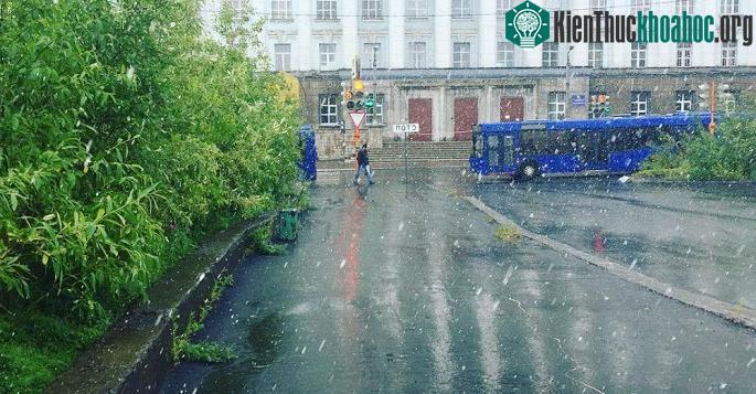 Cảnh tuyết rơi giữa mùa hè ở thành phố Nga.