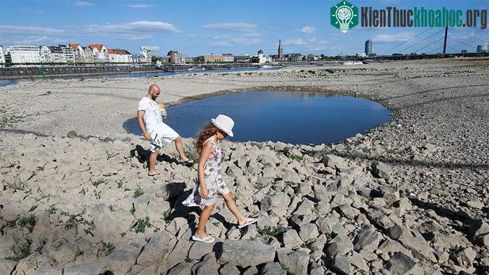 Cái nóng ở Đức đã khiến nước sông Rhine cạn đi nhanh chóng, phơi bày những đáy sông xù xì như ở Düsseldorf.