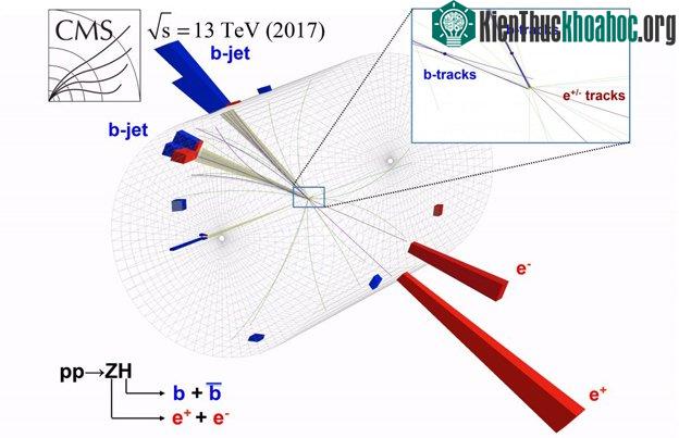 Mô phỏng sự kiện va chạm proton-proton trong LHC của CMS có đặc điểm của một hạt Higgs phân rã thành 2 quark đáy