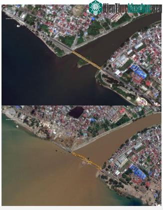 Di chuyển về phía đông, sóng thần đã phá hủy cây cầu, gây lũ lụt khu dân cư xung quanh.