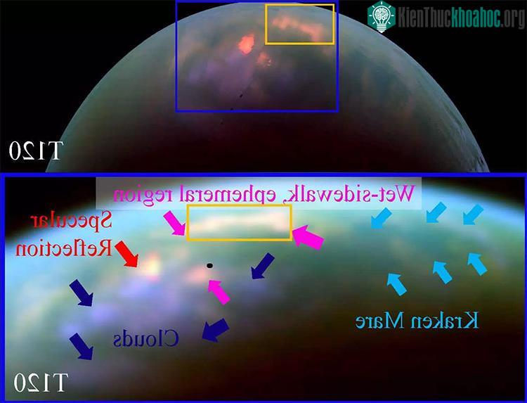 Những điểm sáng đỏ cam ở cực Bắc Titan là dấu hiệu của cơn mưa hè - (ảnh: NASA).