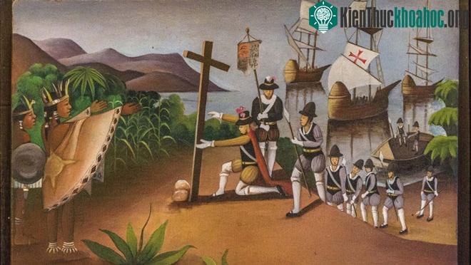 Một bức tranh vẽ lại cảnh Columbus đặt chân đến châu Mỹ. (Ảnh: Flickr).