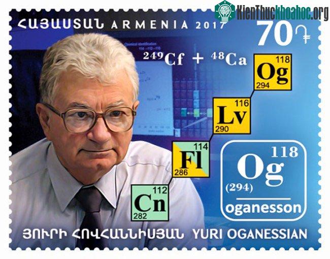 Ảnh Yuri Oganessian trên con tem được nước Nga phát hành để vinh danh ông.