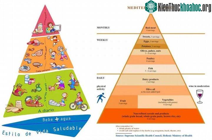 Chế độ ăn được khuyến nghị cho người Tây Ban Nha (trái) và Hy Lạp (phải)