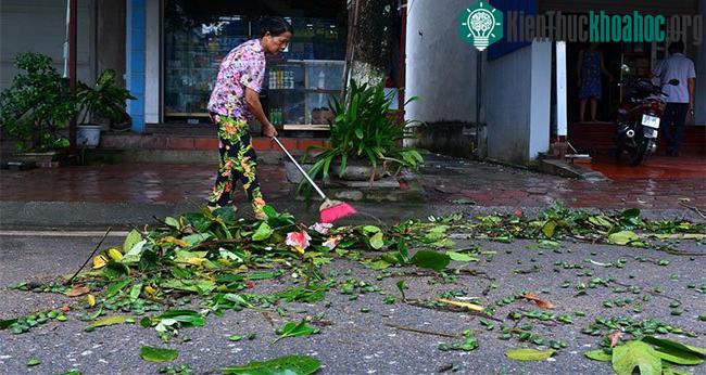 6h sáng, người dân ở đây bắt đầu quét dọn những cành cây gãy đổ khắp nơi.