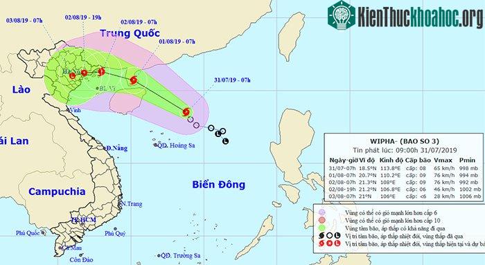 Vị trí và hướng di chuyển của bão số 3.