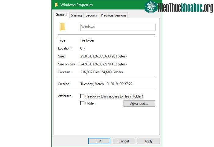 Hệ điều hành C:/Windows đã chiếm đến 25GB, gần 1/10 không gian của ổ đĩa SSD 256GB.