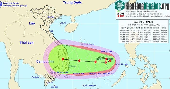 Vị trí và hướng di chuyển của bão số 6.