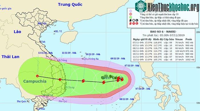 Vị trí và hướng di chuyển của bão Narki.