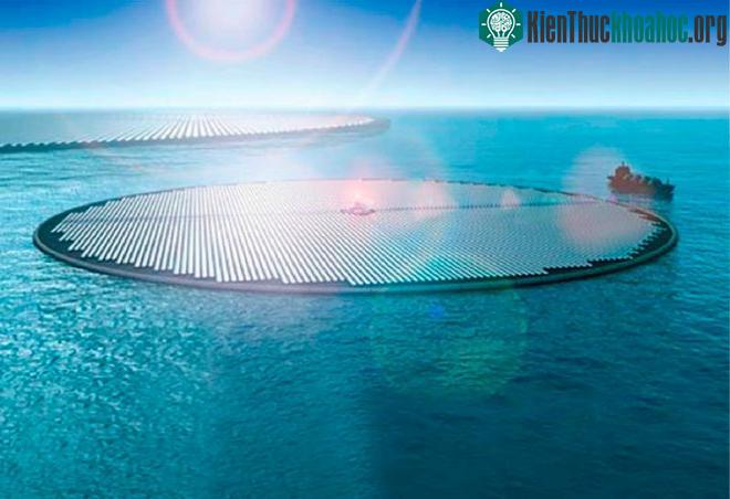 Các tấm năng lượng Mặt Trời tạo điện, cùng lúc đó điện phân nước để tách ra hydro.