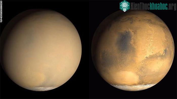Tấm ảnh chụp năm 2001 của NASA cho thấy rõ sự thay đổi của hành tinh bao bọc bởi lớp bụi gây ra do bão cát.
