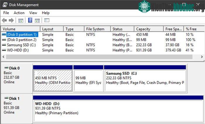 Để biết được các vùng ổ đĩa của bạn trên Windows, gõ disk management trên thanh tìm kiếm