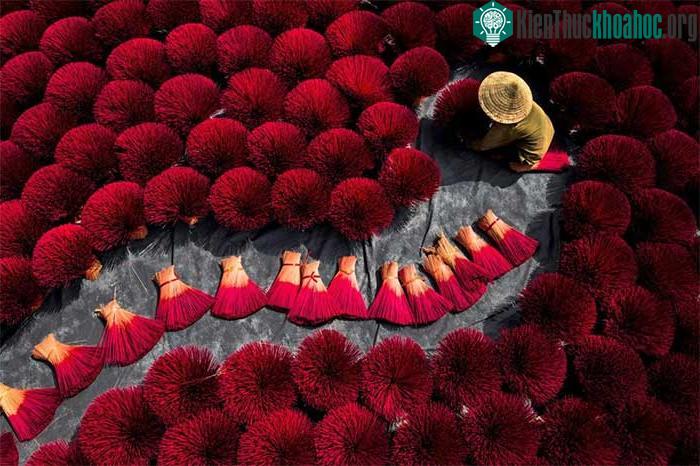 Ở ngoại ô Hà Nội, một người phụ nữ đang ngồi sắp xếp nhang thành từng bó để phơi.
