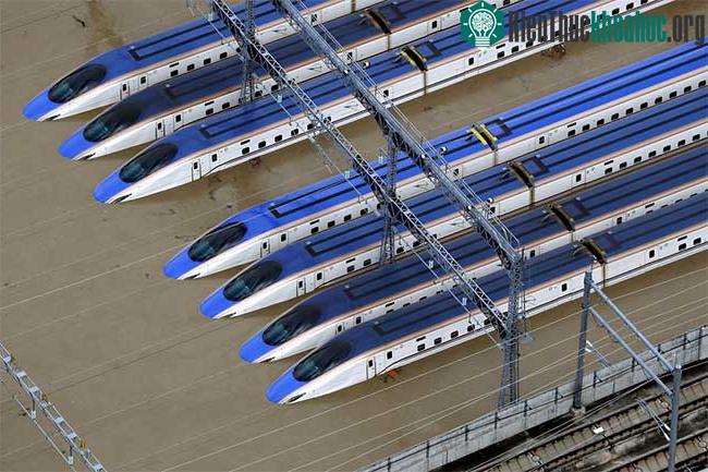 Trong ảnh là những con tàu Shinkansen ngập trong nước tại một bãi đậu ở Nagano