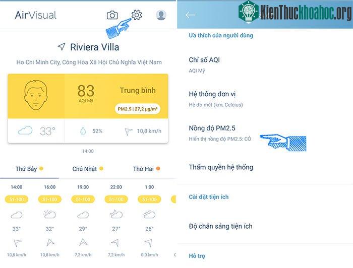 Cài đặt thể hiện chỉ số PM2.5