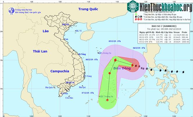 Vị trí và hướng di chuyển của bão số 7.