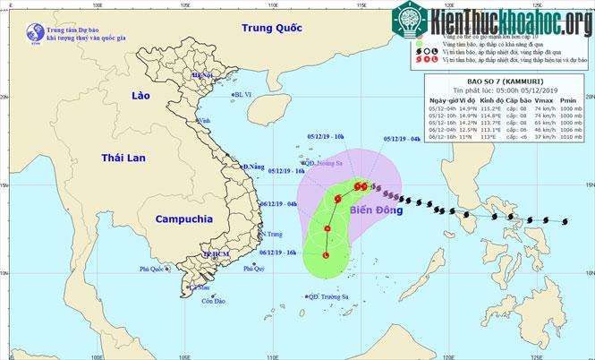 Vị trí và hướng di chuyển của bão số 7.