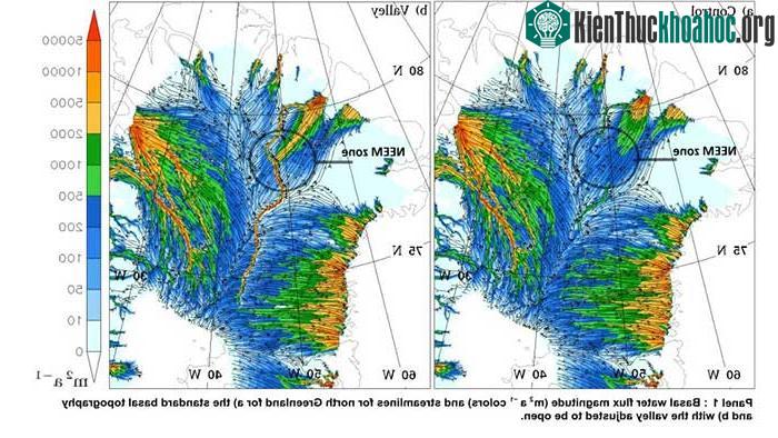 Dòng nước ở phía bắc Greenland với sự hiện diện của một thung lũng trải dài dưới lớp băng hà.