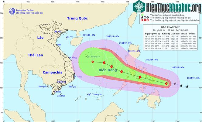 Vị trí và hướng di chuyển của bão Phanfone.