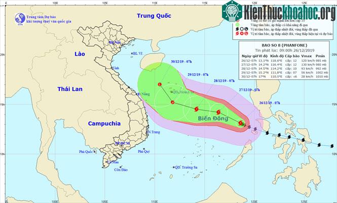 Vị trí và hướng di chuyển của bão Phanfone.