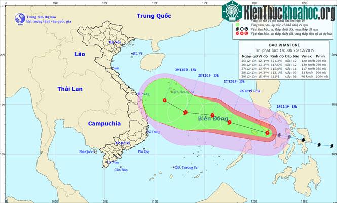 Vị trí và hướng di chuyển của bão Phanfone.