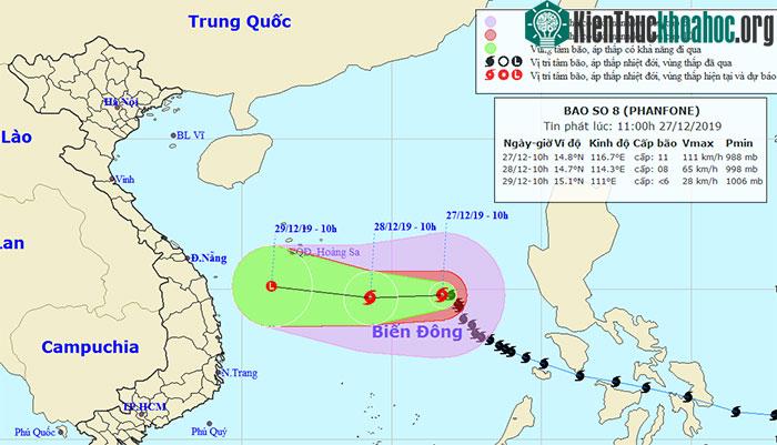 Vị trí và hướng di chuyển của bão Phanfone.