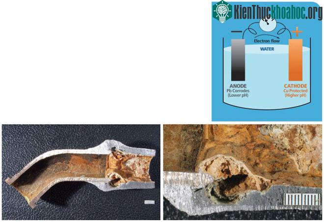 Đường ống với chì và đồng tạo thành một pin Galvanic, trong đó chì sẽ bị ăn mòn.