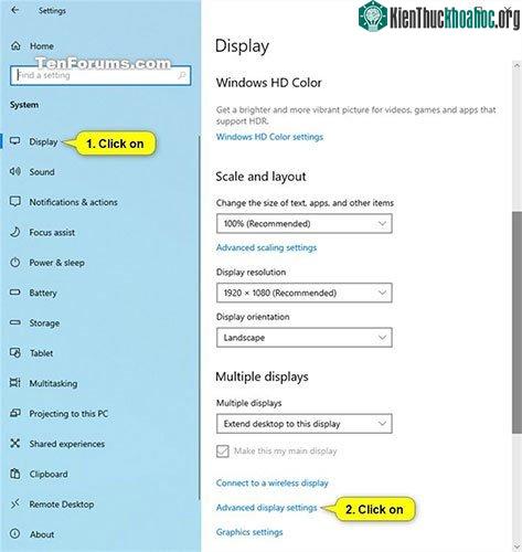 Nhấn vào liên kết Advanced display settings ở phía dưới bên phải.