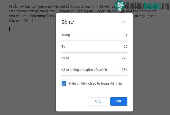 Tích vào mục "Hiển thị tiện ích số từ trong khi nhập" (Display word count while typing).