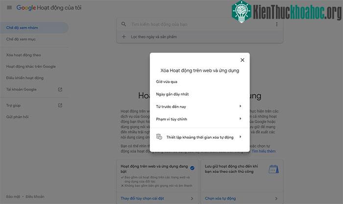 Có thể Xóa Hoạt động trên web và ứng dụng tự động hoặc thủ công. (Ảnh: Chụp màn hình).