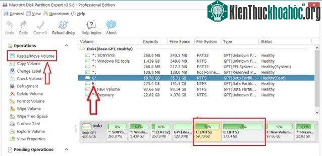 Nhấp vào Resize/Move Volume ở menu trái.