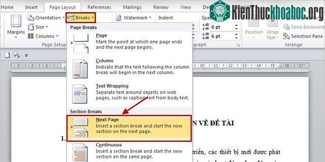 Nhấn vào thẻ Page Layout > Ɓreaks, chọn Next Page để tách văn Ƅản thành 2 Section khác nhau