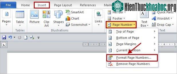 Nhấn vào thẻ Insert > Ƥage Numbers > Format Page Numbers.