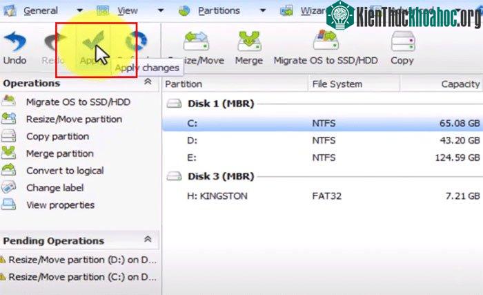 Nhấn nút Apply trên thanh công cụ để phần mềm tiến hành gộp dung lượng