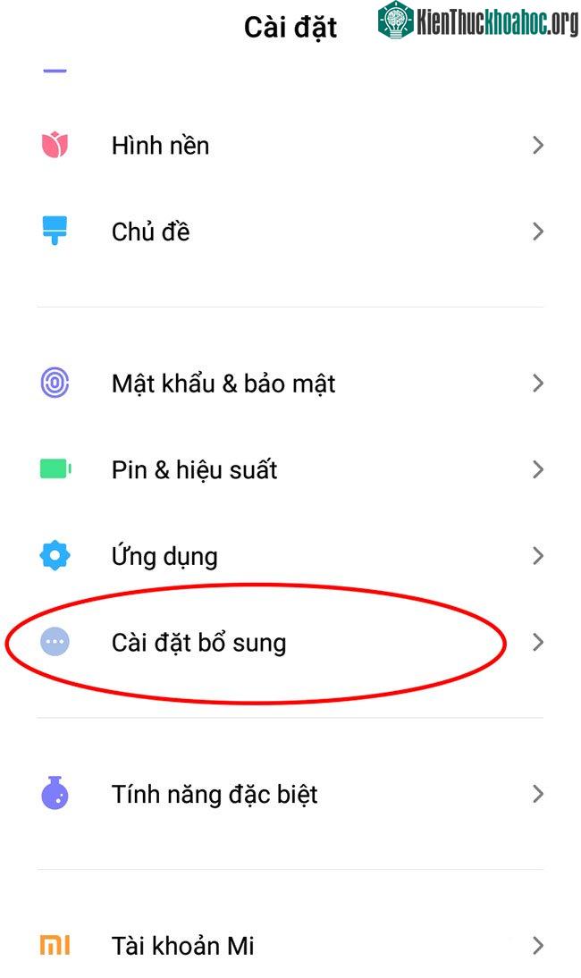 Đầu tiên các bạn vào phần cài đặt của điện thoại, sau đó chọn Cài đặt bổ sung.