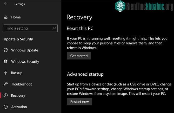 1. Khôi phục cài đặt gốc trên Windows 10 bằng tính năng mặc định