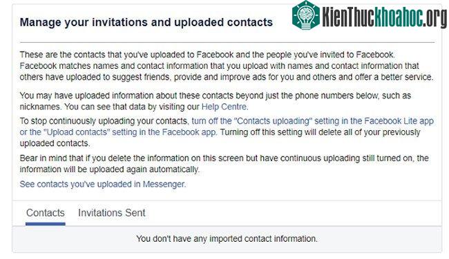 Để xóa danh bạ đã upload hiện tại, hãy đến trang Manage invites and imported contacts