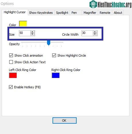 Đặt giá trị Size thành 50 và giá trị Circle Width thành 30